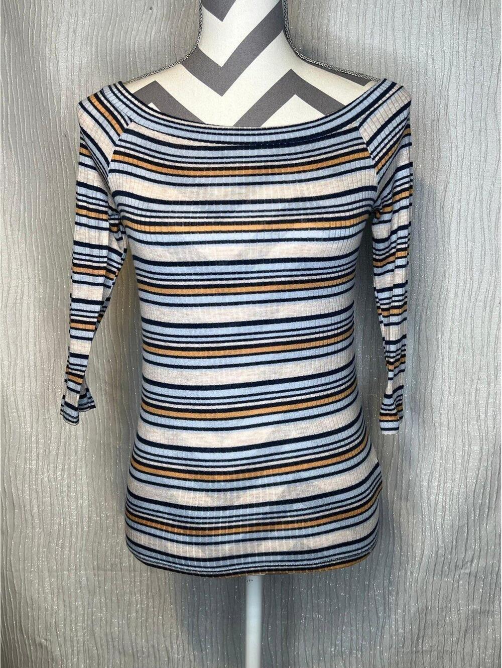 Zara Blue & Orange Stripe Ribbed Off the Shoulder Half Sleeve Shirt